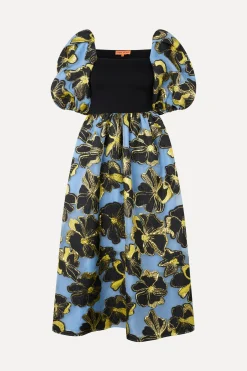 STINE GOYA 3/4 Sleeve Combo Bodice Midi Dress - Blue Anemone Jacquard BlueAnemoneJacquard Online