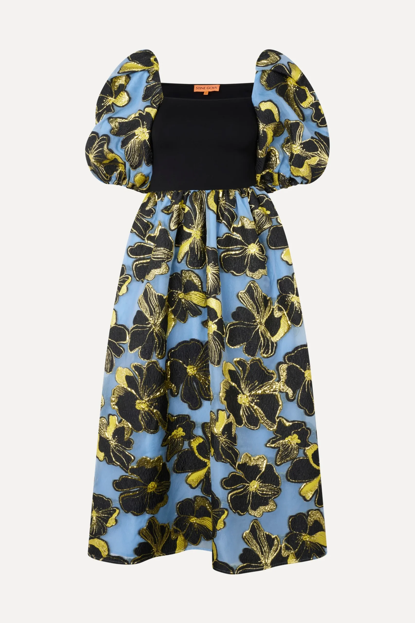 STINE GOYA 3/4 Sleeve Combo Bodice Midi Dress - Blue Anemone Jacquard BlueAnemoneJacquard Online
