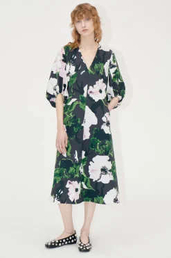 STINE GOYA 3/4 Volume Sleeves Midi Dress - Umber Windflower UmberWindflower Online