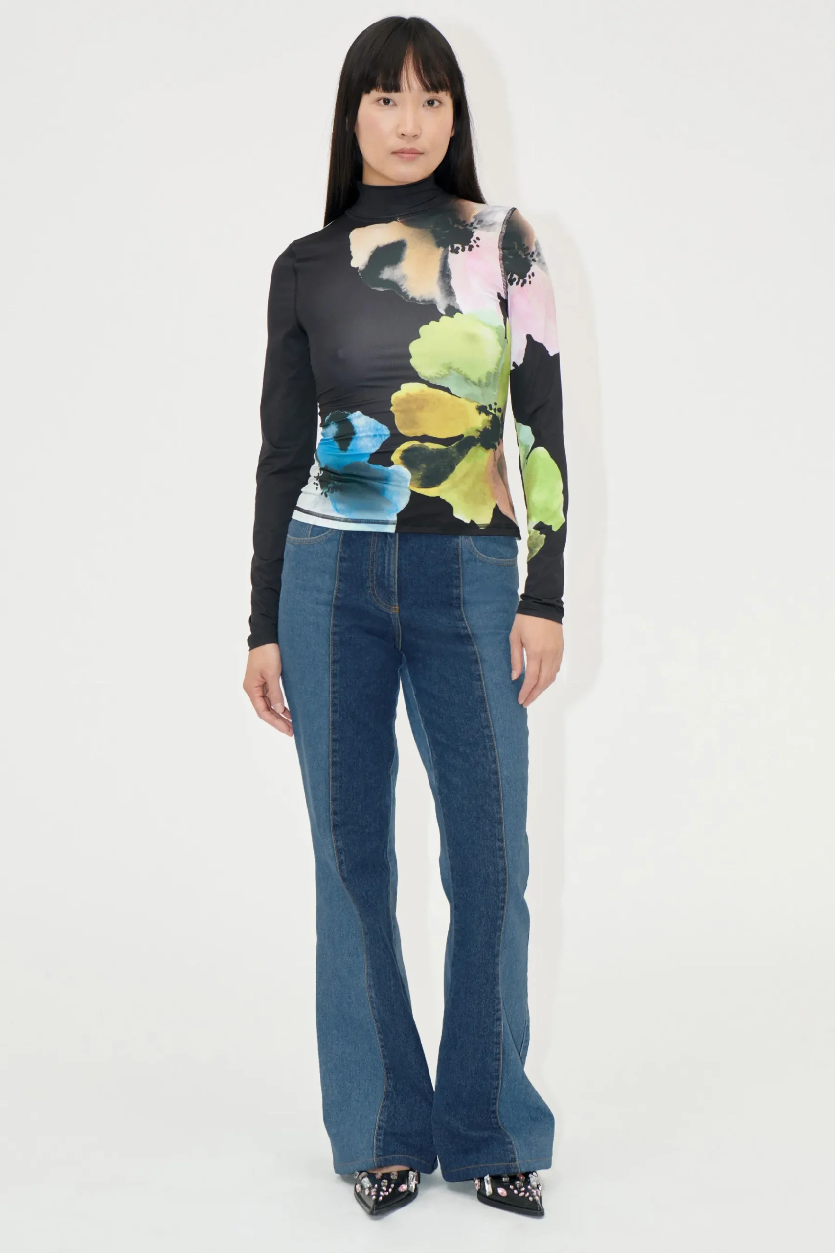 STINE GOYA Elastic High Neck Collared Top - Watercolor Bloom Maxi WatercolorBloomMaxi Cheap