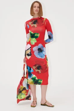 STINE GOYA Pullover Long Sleeve Midi Dress - Bloom In Red BloomInRed Fashion