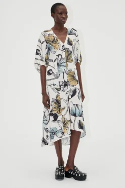 STINE GOYA Three-Quarter Sleeve Midi Dress - Fine Line Poppies QuarterSleeveMidiDress-FineLinePoppies Flash Sale