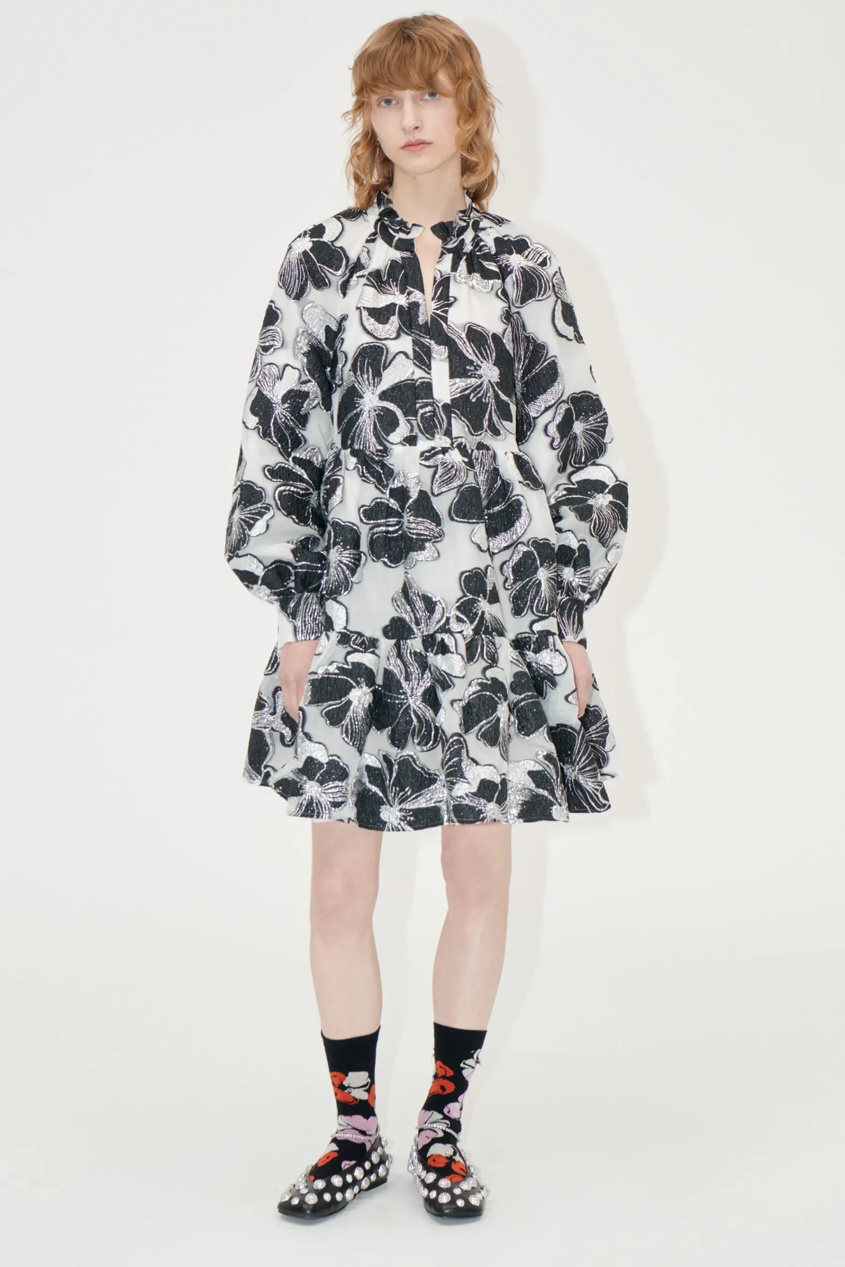 STINE GOYA Tier Voluminous Ruffle Mini Dress - Anemone Jacquard AnemoneJacquard New