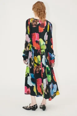 STINE GOYA Voluminous V Neck Midi Dress - Watercolor Bloom WatercolorBloom Hot