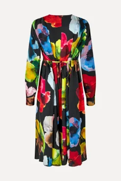 STINE GOYA Voluminous V Neck Midi Dress - Watercolor Bloom WatercolorBloom Hot